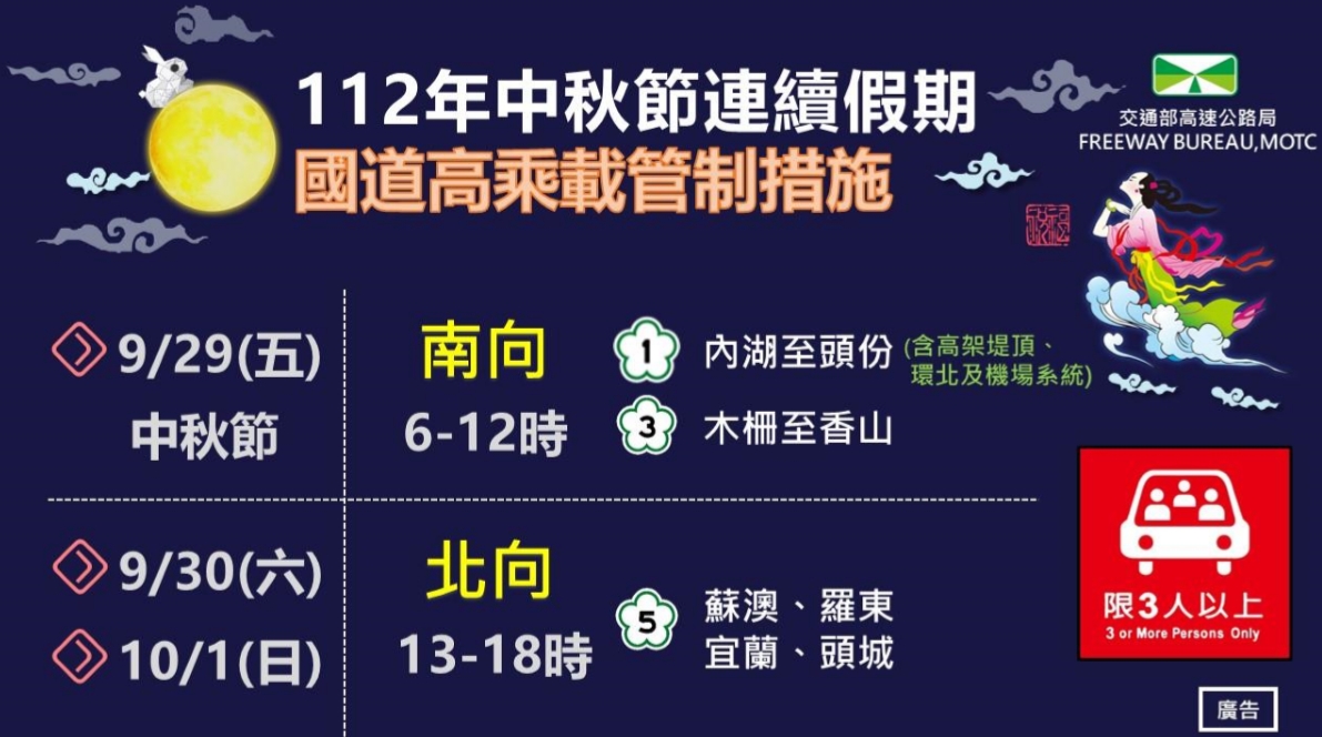 國道中秋連假高乘載措施。(圖/翻攝自高公局官網)