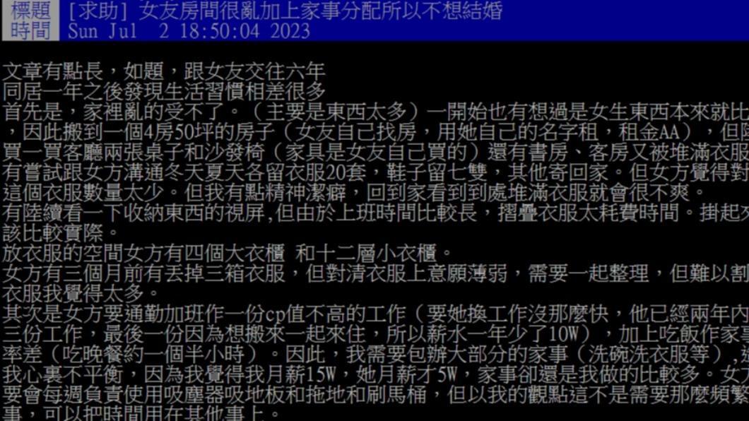 原PO抱怨女友常亂丟衣服。（圖／翻攝自PTT）