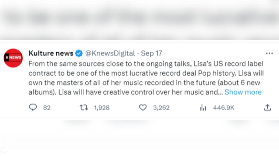 報導提到美國公司允諾傾力給予Lisa在音樂、好萊塢、遊戲項目、時尚等項目的資源。(圖/翻攝自《Kulture news》推特)