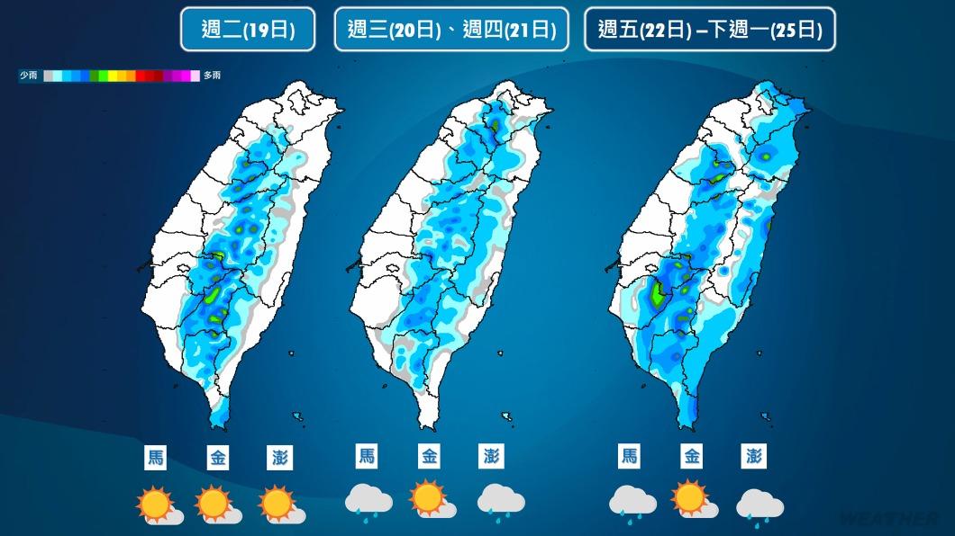 週五（22日）環境轉變爲東北風，水氣增加。（圖／TVBS）