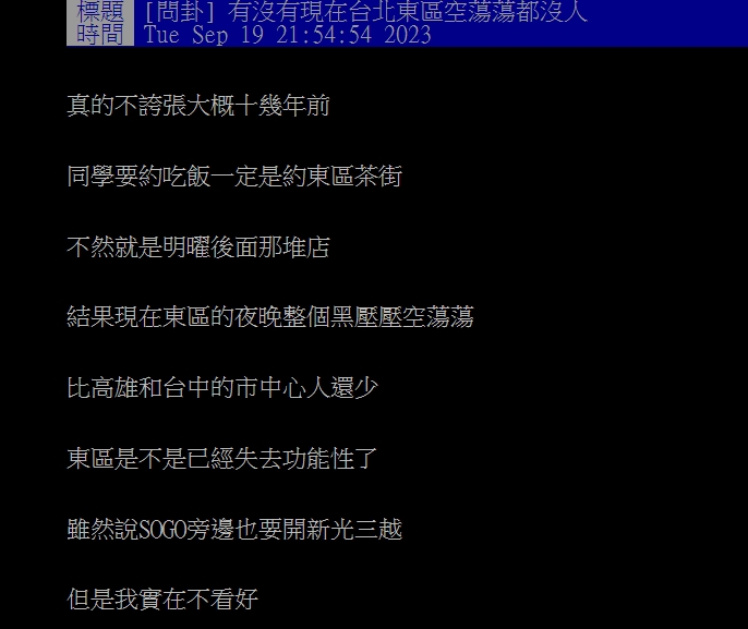 網友認為東區商圈有沒落的趨勢,引起不少人共鳴。(圖/翻攝自 PTT論壇)