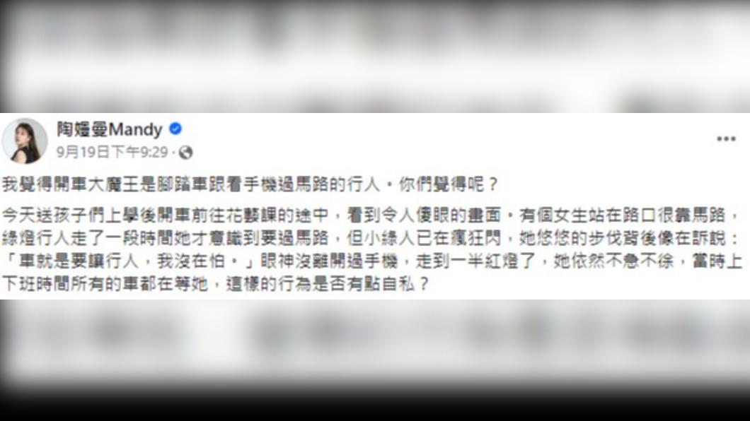 陶嫚曼認為,阻礙交通者開罰300元太少。(圖/翻攝自陶嫚曼臉書)