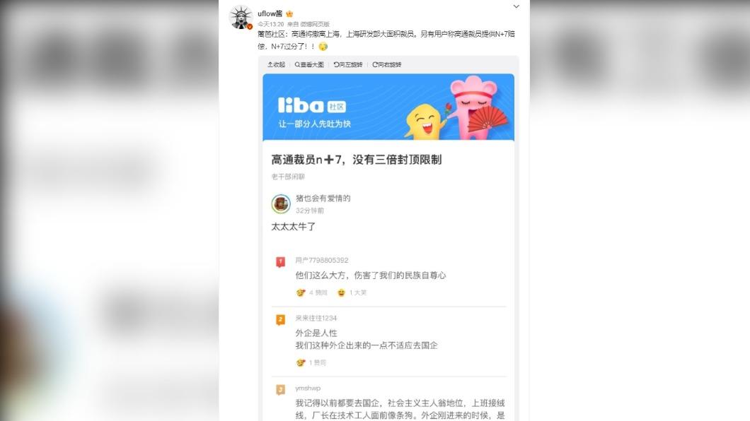 晶片大廠高通驚傳在上海與台灣裁員，上海側遣散費上看7個月。（圖／翻攝自微博）