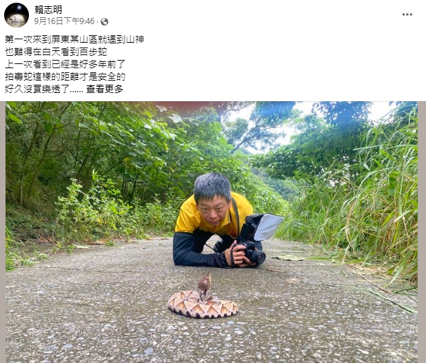 達人賴志明在屏東某山區遇到難得一見的百步蛇,興奮的合影。(圖/翻攝自野生蛇相 臉書社團)