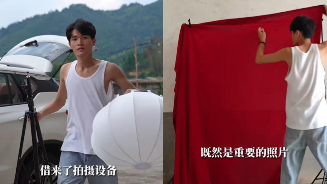 男子租借拍攝器材，架起簡單的攝影棚。（圖／翻攝自抖音＠吳木良）