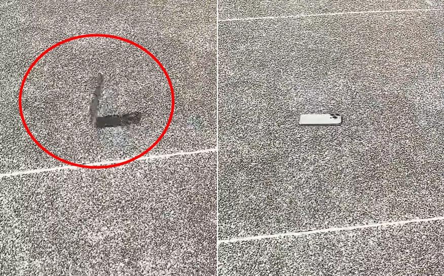 iPhone15 Pro靜靜躺在地板。（圖／翻攝自陳雷秀鳳TikTok）