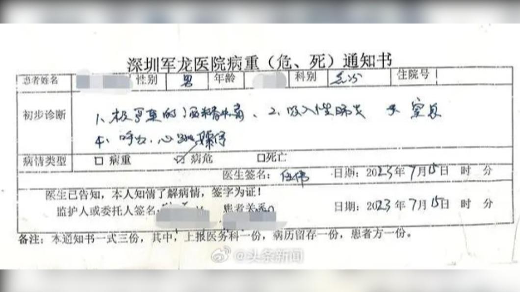 張男被診斷「極嚴重的酒精中毒」。（圖／翻攝自微博《頭條新聞》）