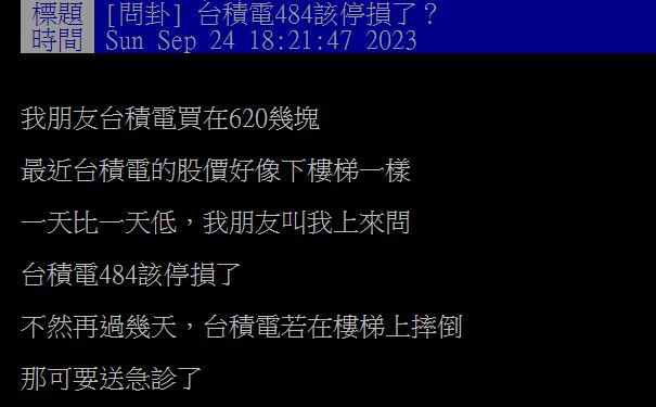 原PO朋友在台積電股價高達620元時進場,如今卻因被套牢而有意停損。(圖/翻攝自PTT)