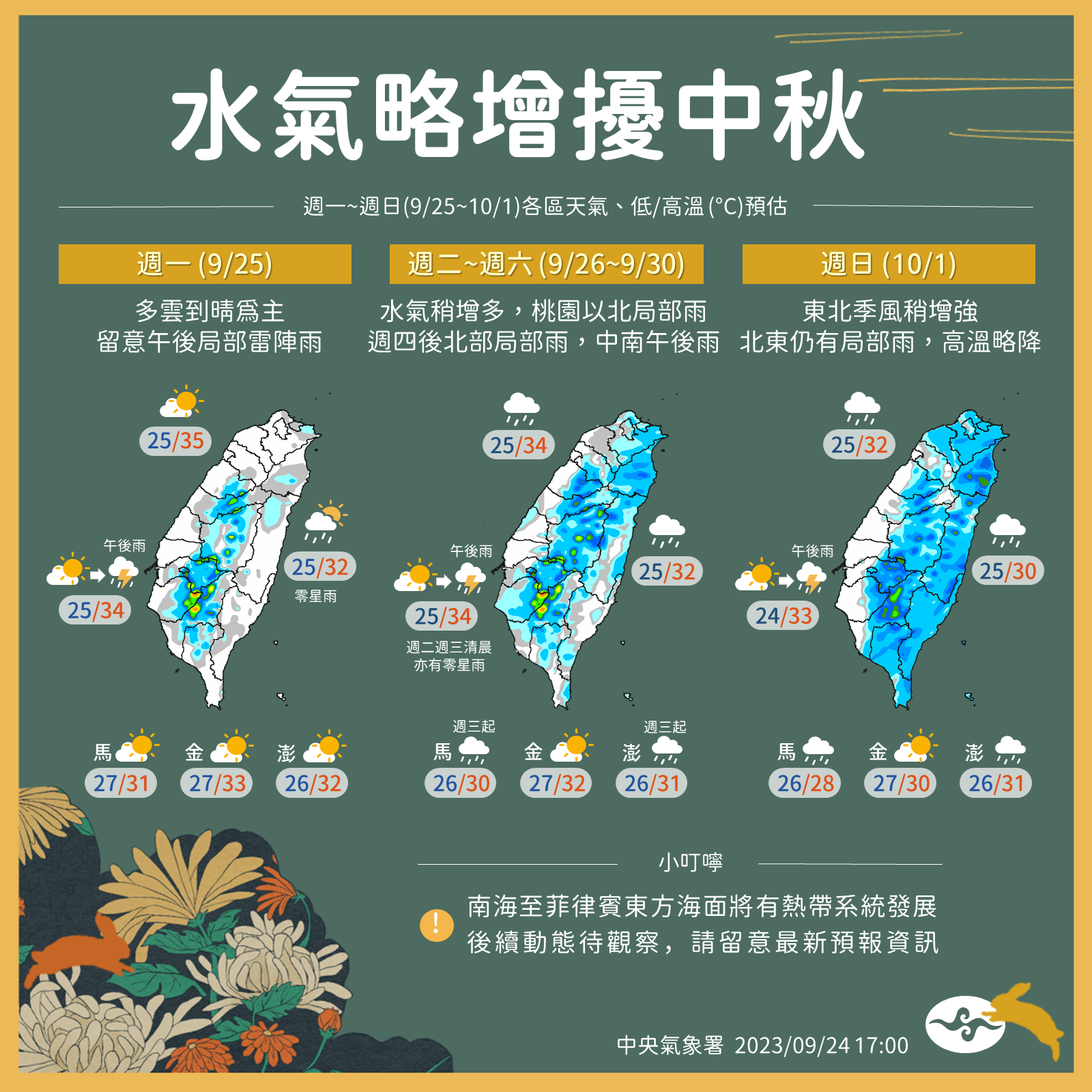 水氣增擾中秋。。（圖／氣象署）
