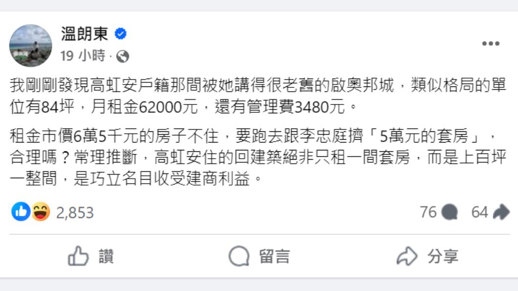 溫朗東發文質疑高虹安豪宅風波。(圖/翻攝自溫朗東 臉書)