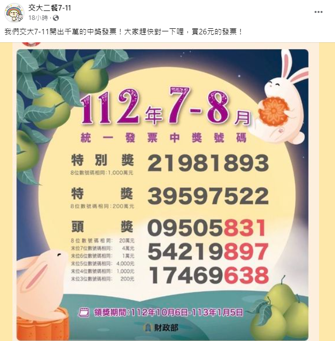 7-11交大門市在臉書公布開出1000萬統一發票。(圖/翻攝自交大二餐7-11臉書)