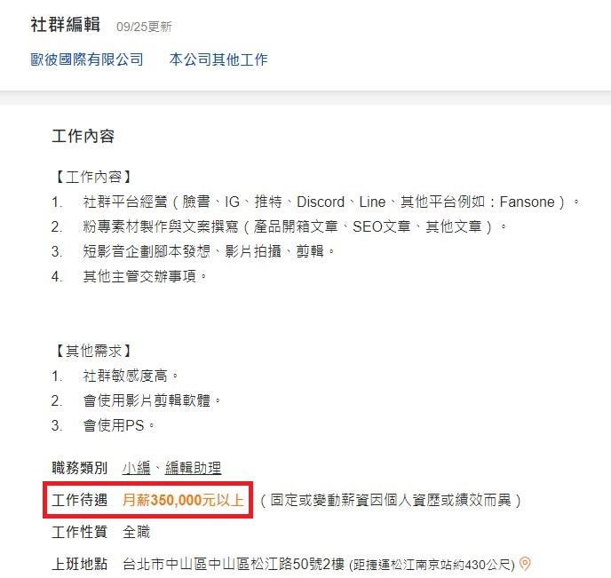 月薪350K疑「標錯價」。（圖／翻攝自104人力銀行）