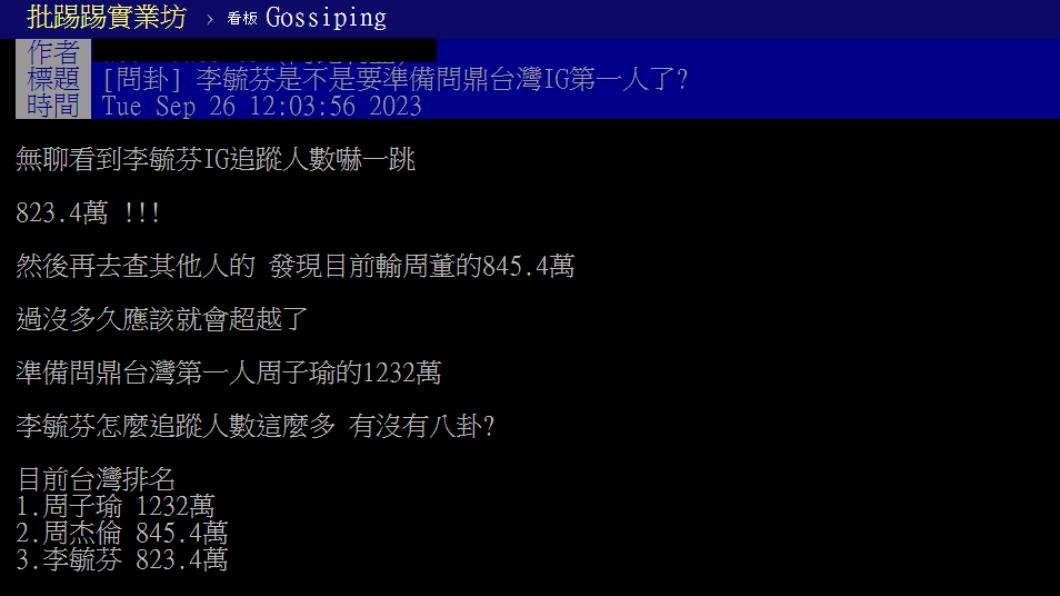 有網友好奇李毓芬追蹤人數爆多原因。(圖/翻攝自PTT)