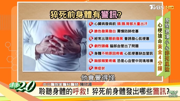 陳欣湄曾《健康2.0》節目列出7種猝死前徵兆。(圖/TVBS)