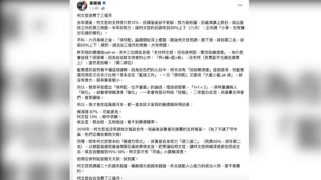 黃暐瀚在臉書分析選情。(圖/翻攝自黃暐瀚臉書)