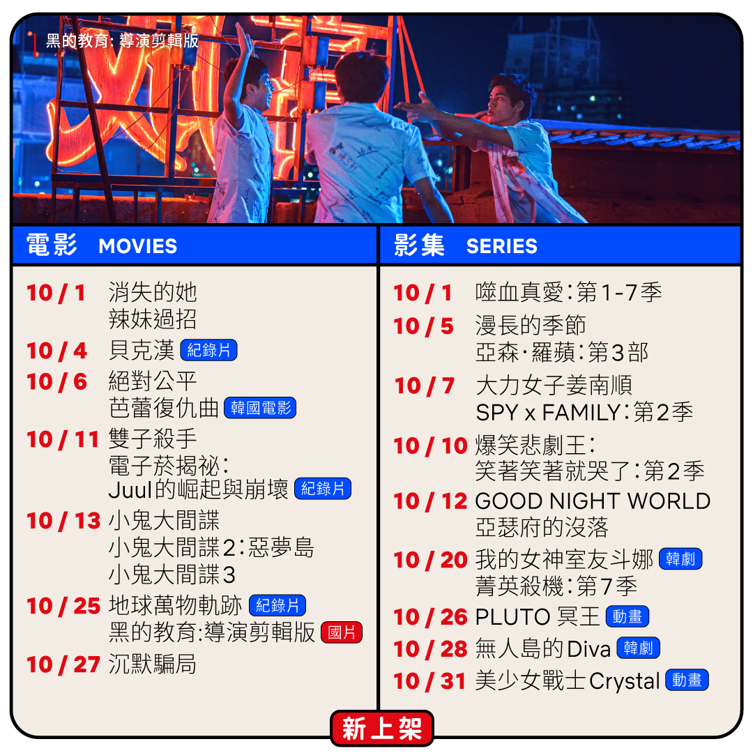 Netflix公布十月將上架的新片單。（圖／翻攝自　Netflix臉書粉專）