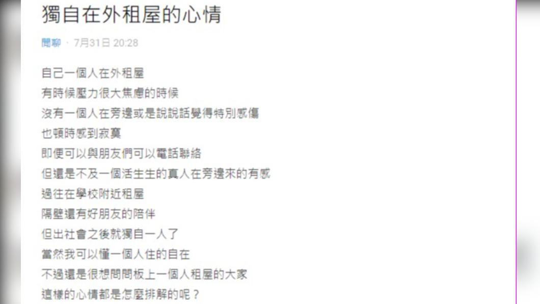 網友疑惑,獨居該如何排解寂寞心情。(圖/翻攝自Dcard)
