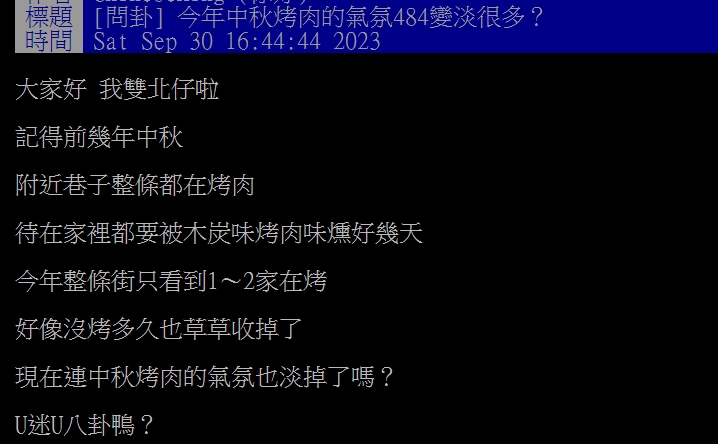 網友好奇烤肉的人數下降原因。(圖/翻攝自 PTT論壇)