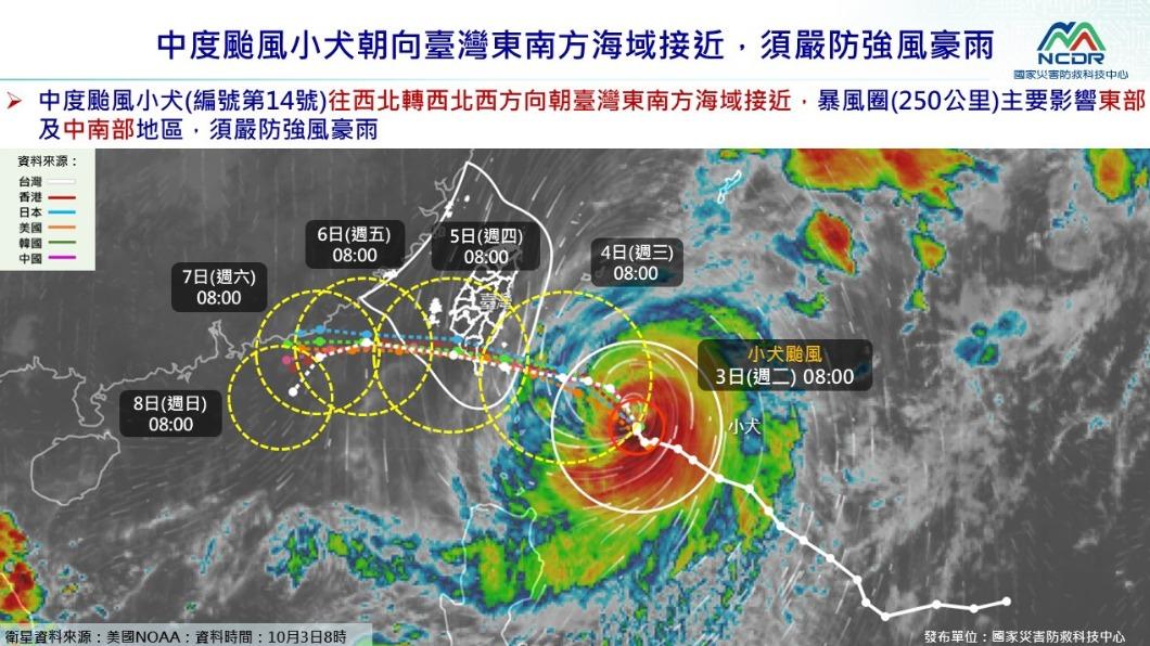 小犬颱風暴風圈範圍涵蓋花東、中部地區，停班停課機率高。（圖／國家災害防救科技中心）