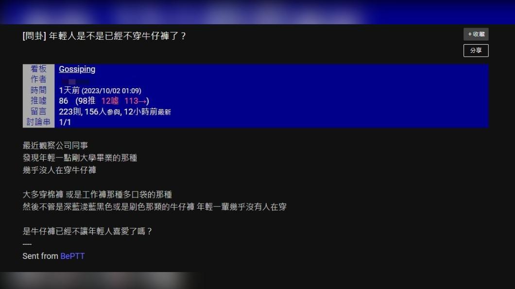 原PO好奇詢問「年輕人是不是已經不穿牛仔褲了?」(圖 / 翻攝自PTT)