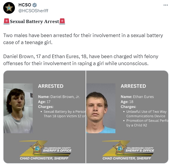 兩名青少年坦承犯案隨後被逮捕。（圖／翻攝自　X@HCSOSheriff）