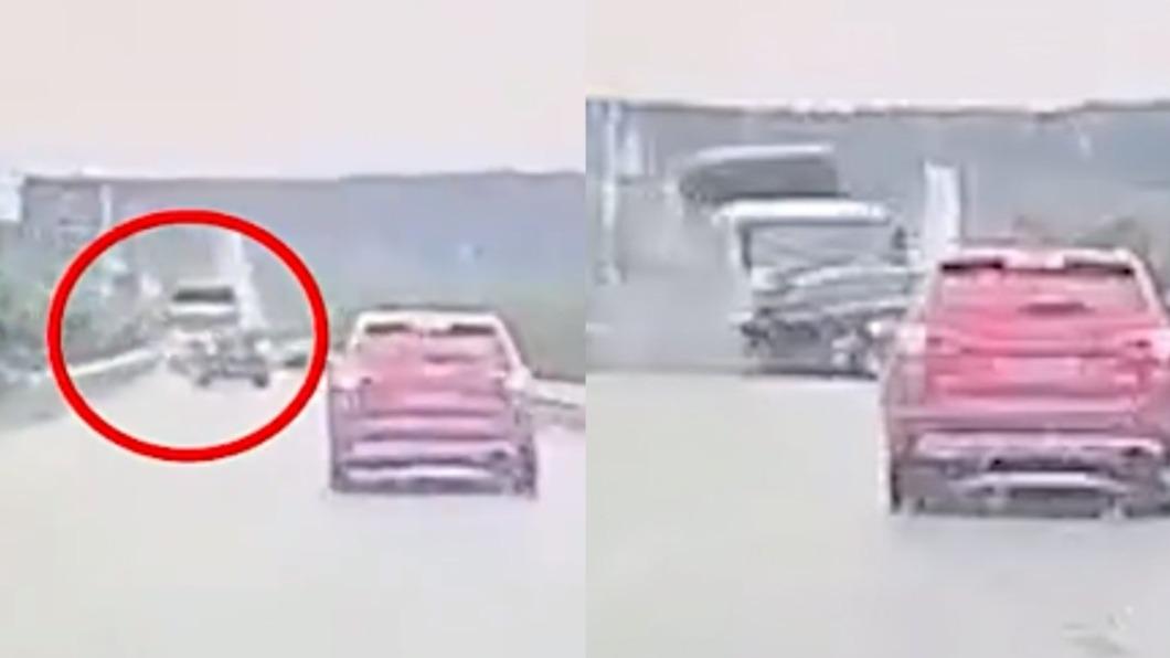 疑似婚禮禮車突變換車道，撞向對向車道大車。（圖／翻攝自微博）
