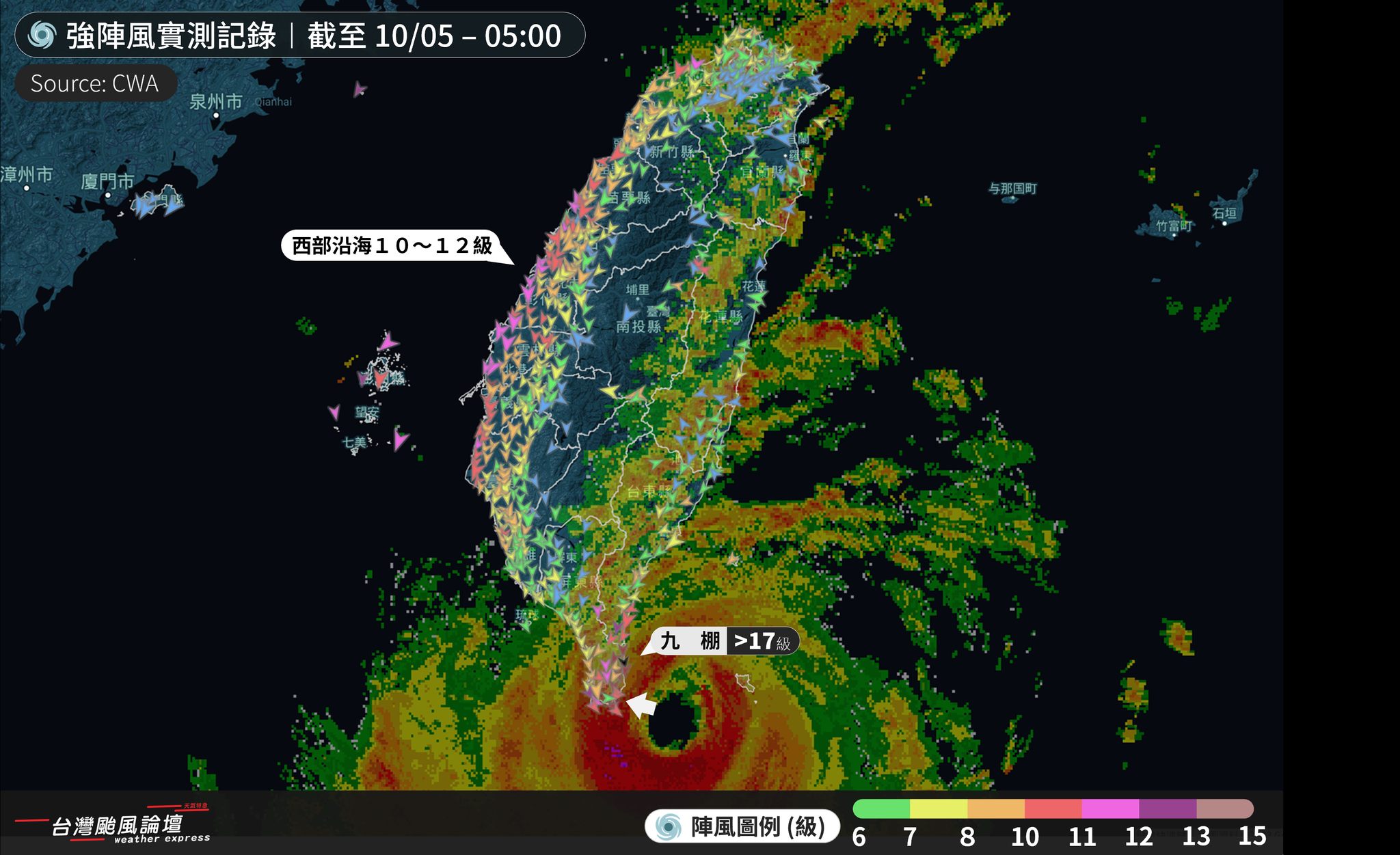 九棚測站於今晨5點13分測得71.8m/s、大於17級陣風。(圖/翻攝自「台灣颱風論壇|天氣特急」臉書)