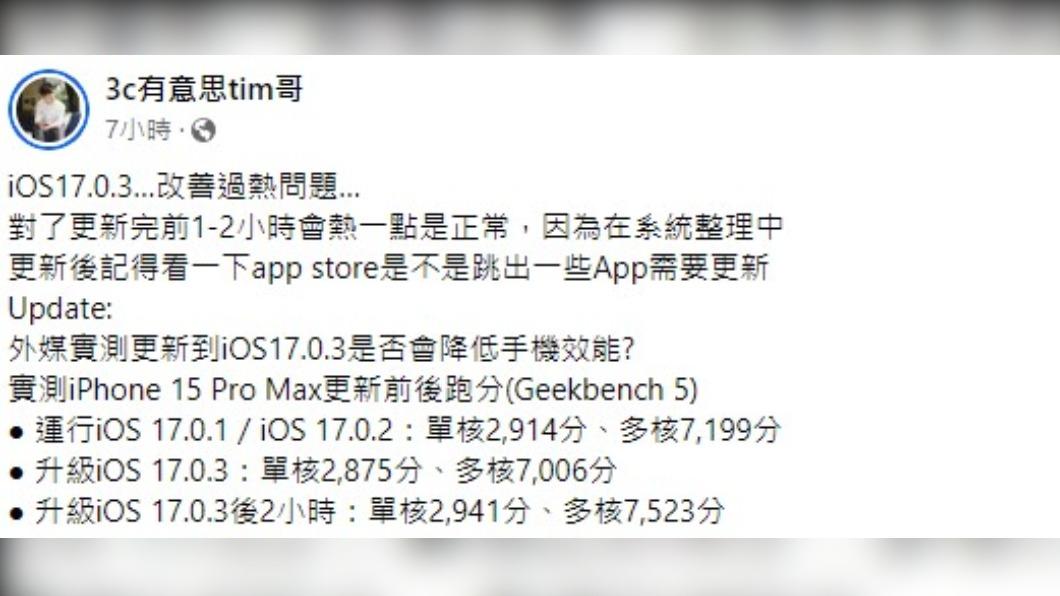 Tim哥分享iPhone 15 Pro Max更新後情況。(圖/翻攝自臉書「3c有意思tim哥」)