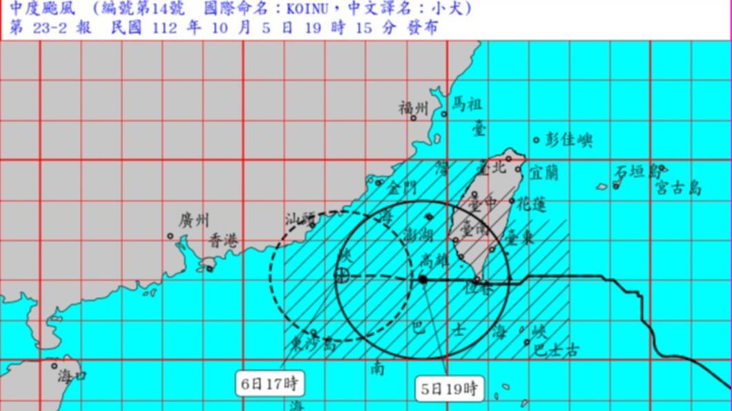 小犬逐漸遠離，6日陸上警報有望解除。（圖／氣象署）
