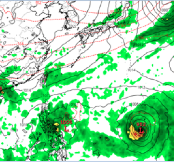 兩熱帶擾動一在關島附近,另一在呂宋島東側。(圖/翻攝自tropical tidbits)