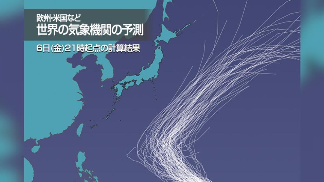 歐美各國預測布拉萬颱風路徑。(圖/翻攝自weathernews.jp)