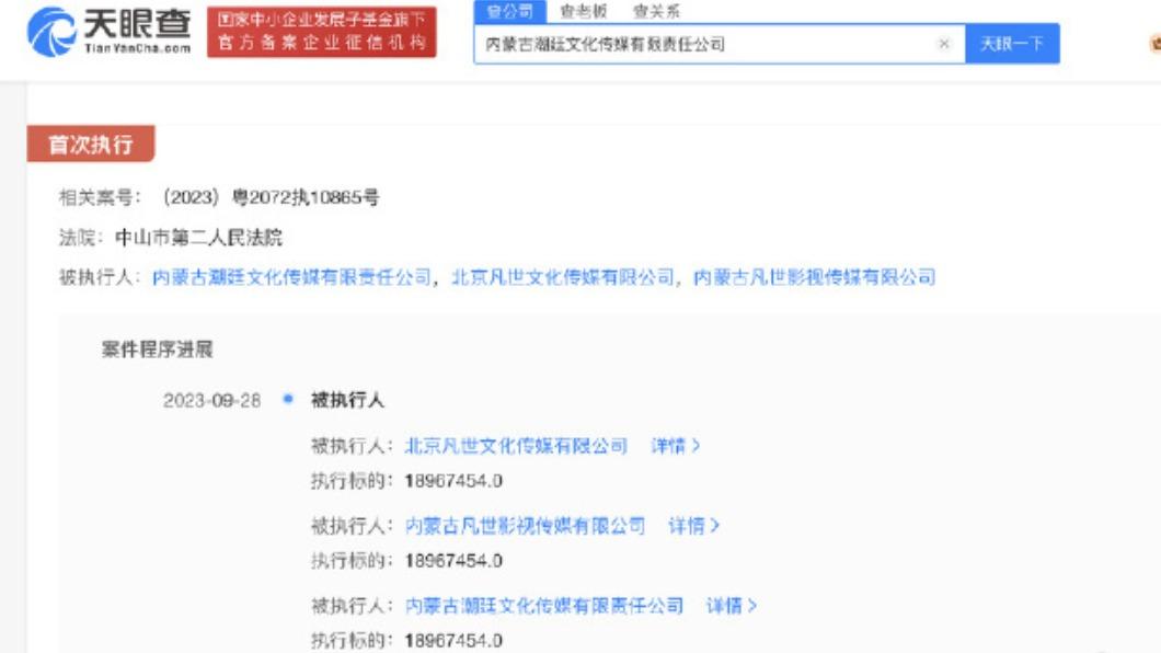 吳亦凡相關公司遭執行1896萬人民幣。(圖/翻攝自天眼查)
