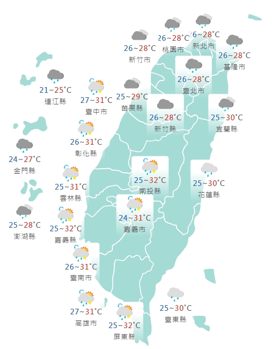 各地天氣預報。(圖/中央氣象署)