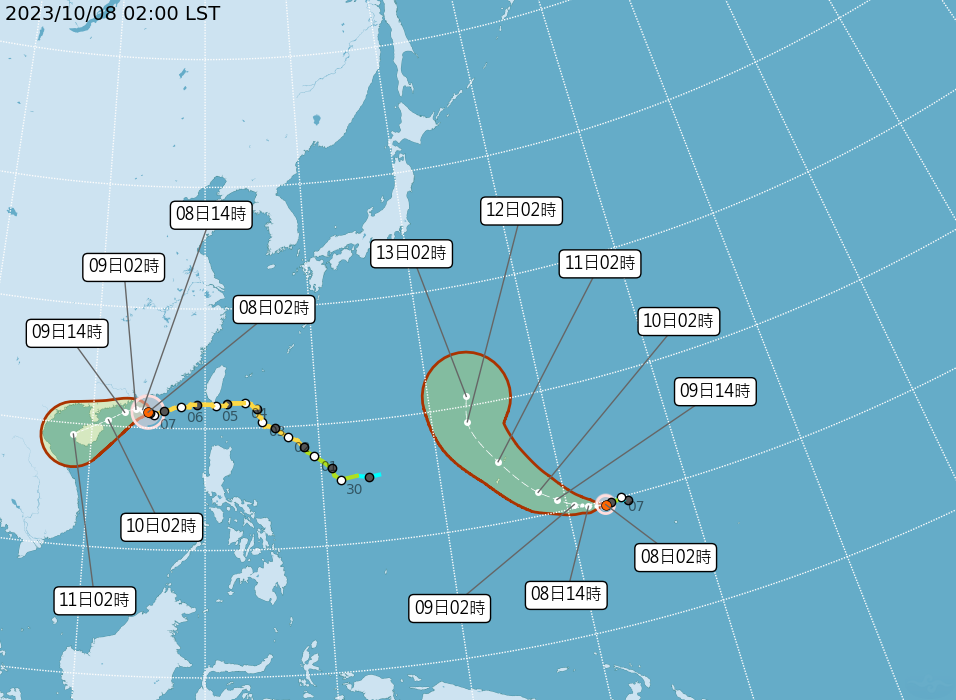 颱風布拉萬(圖右)最新路徑。(圖/中央氣象署)