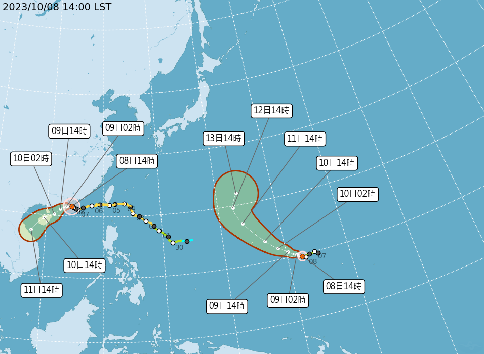 小犬颱風、布拉萬颱風路徑。(圖/翻攝自中央氣象署)
