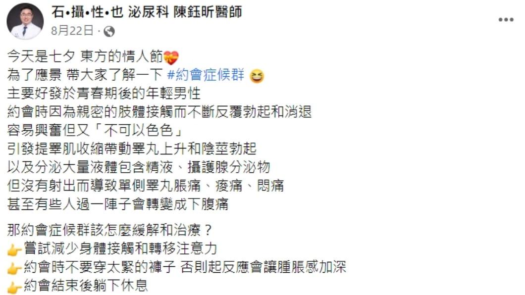 醫師發文。(圖/翻攝自石•攝•性•也 泌尿科 陳鈺昕醫師臉書)