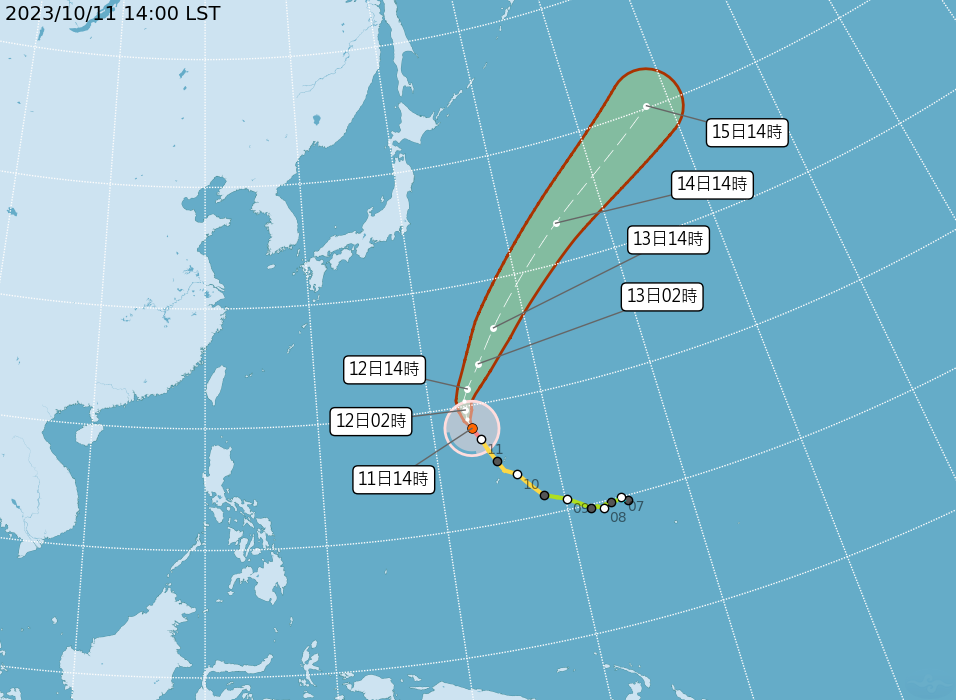 布拉萬颱風明日會再轉向東北,對日本、台灣均無影響。(圖/翻攝自中央氣象署)