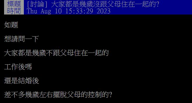 原PO好奇向眾人發問，大家都是在幾歲時搬家，沒跟父母住在一起？（圖／翻攝自PTT）