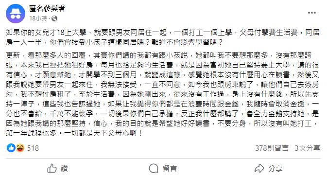 原PO分享18歲女兒提出與男友同居的故事。(圖/翻攝自「匿名2公社」臉書)