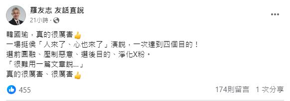 羅友志發文大讚韓國瑜的演說內容,直呼對方真的很厲害。(圖/翻攝自羅友志臉書)
