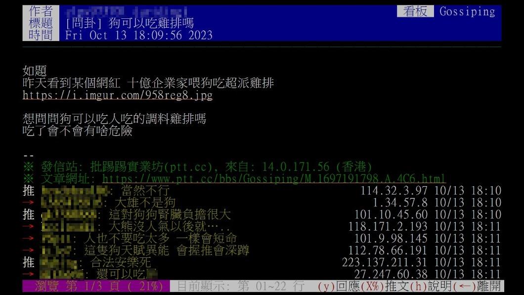 餵狗吃炸雞引發討論。（圖／翻攝自PTT）