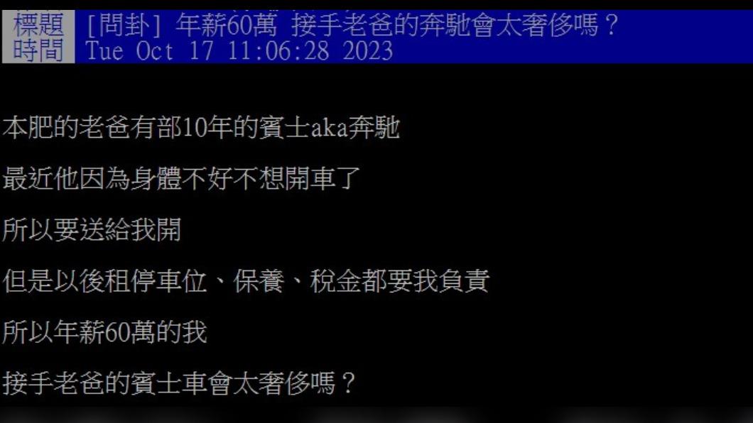 網友年薪60萬元，害怕日後無法負擔各種養車開銷。（圖／翻攝自PTT）