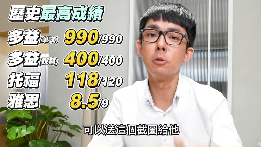 阿滴4個英語測驗當中歷史最高成績。(圖/翻攝自阿滴英文YT頻道)