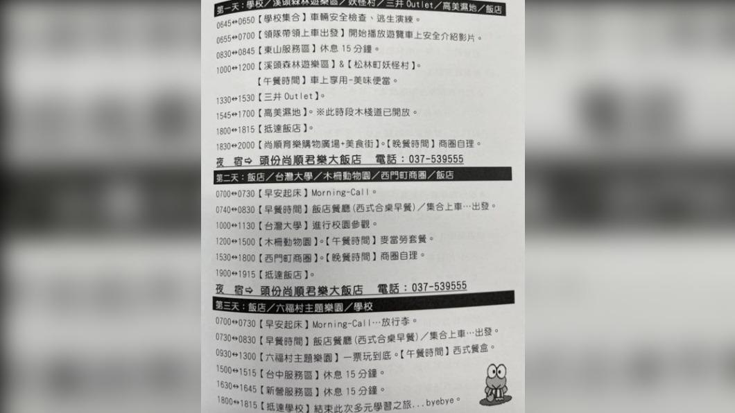 南部某國中畢旅行程表曝光。(圖/翻攝自PTT)