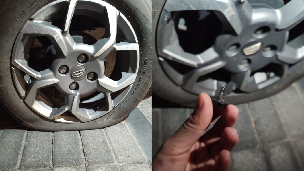 劉樂妍開車行駛在北京道路上,慘遭疑似釘子危險物戳爆輪胎。(圖/翻攝自劉樂妍微博)