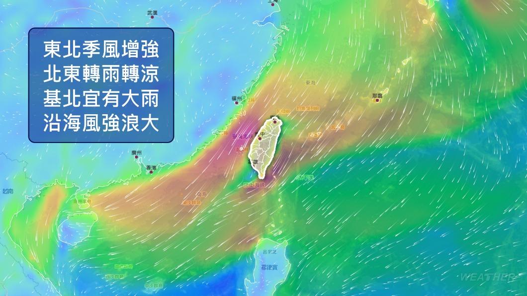 東北季風轉強,北東轉雨轉涼,基北宜有大雨。(圖/TVBS)