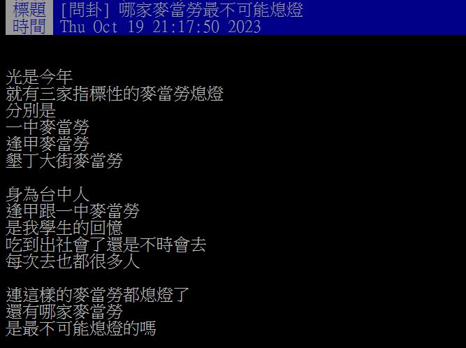 原PO好奇發問，結果眾人一面倒點名新竹麥當勞地位最穩固。（圖／翻攝自PTT）