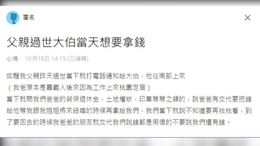 網友表示,大伯想要幫忙保管爸爸的遺產。(圖/翻攝自Dcard)