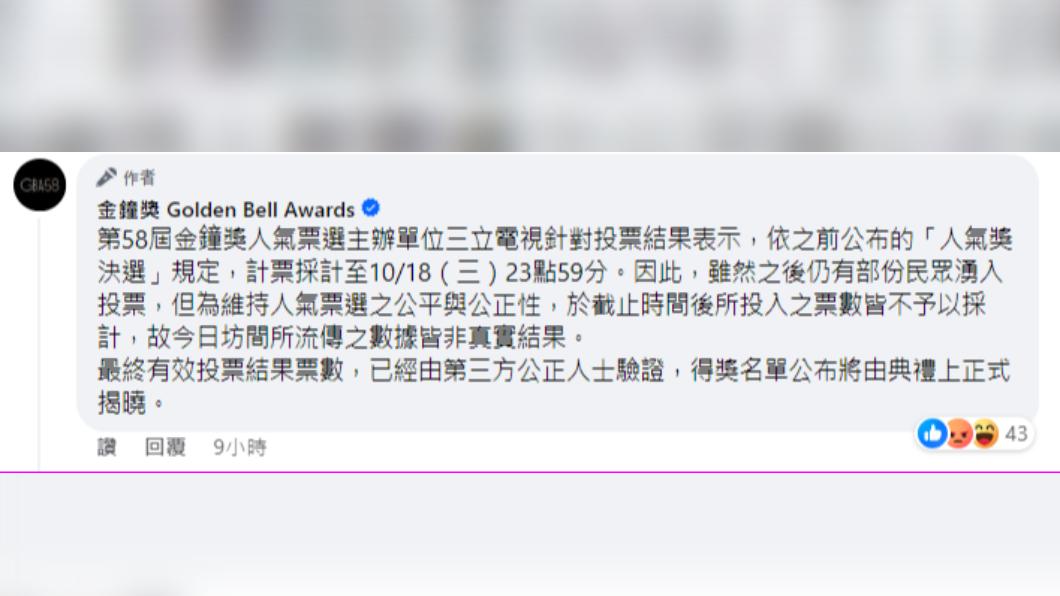 主辦方在臉書回應爭議。(圖/翻攝自金鐘獎 Golden Bell Awards 臉書)