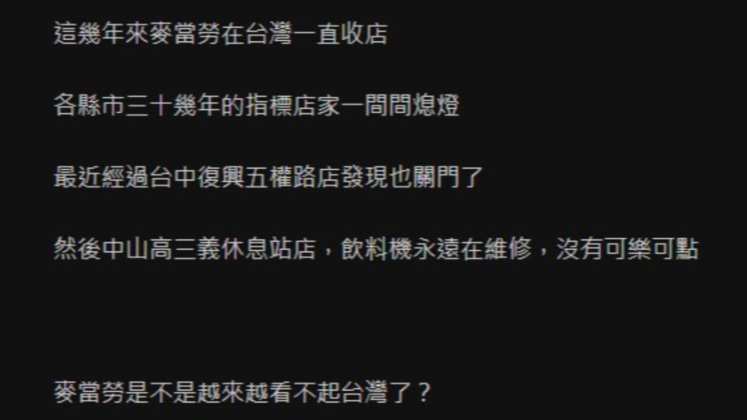 原PO觀察到許多麥當勞收攤。(圖/翻攝自PTT)